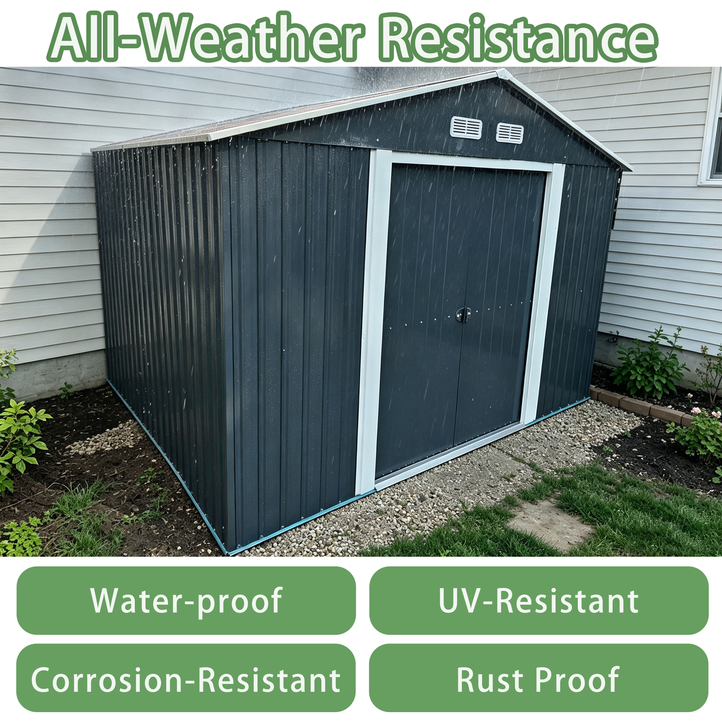 10x10FT Galvanized Metal Garden Storage Shed Gable Roof Outdoor Tool House With Lockable Double Sliding Doors and 4 Vents