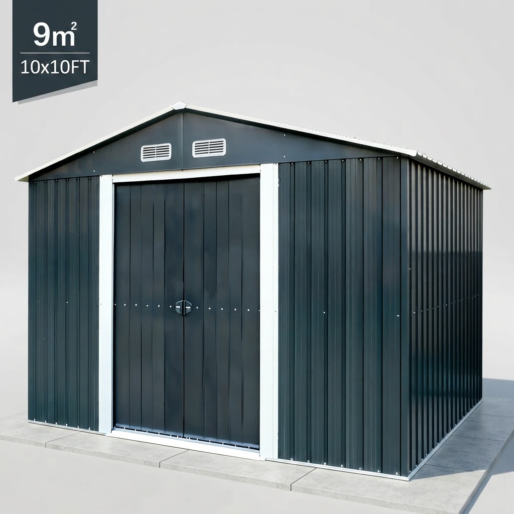 10x10FT Galvanized Metal Garden Storage Shed Gable Roof Outdoor Tool House With Lockable Double Sliding Doors and 4 Vents