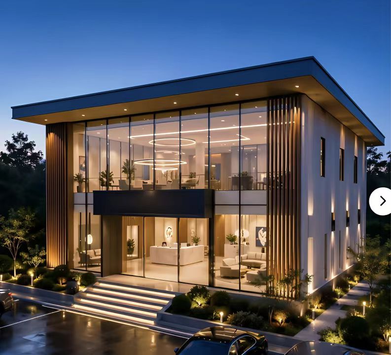 Prefab Steel Structure Commercial Reception Building with Glass Curtain Wall and Office Exhibition Hall