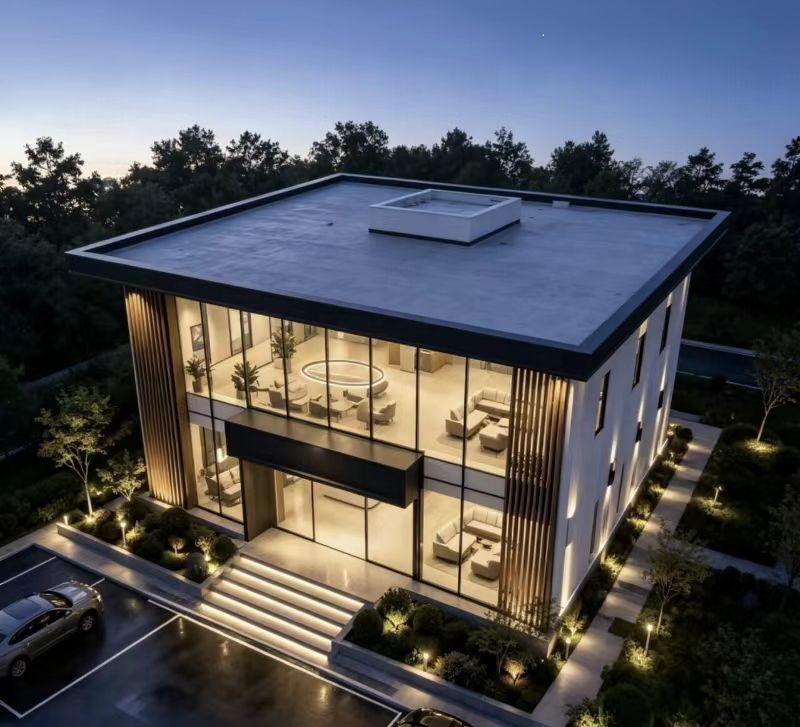 Prefab Steel Structure Commercial Reception Building with Glass Curtain Wall and Office Exhibition Hall