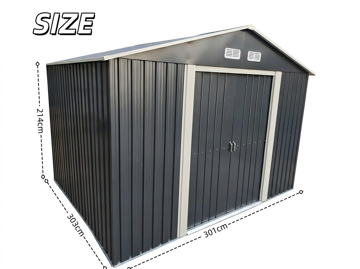10x10FT Galvanized Metal Garden Storage Shed Gable Roof Outdoor Tool House With Lockable Double Sliding Doors and 4 Vents