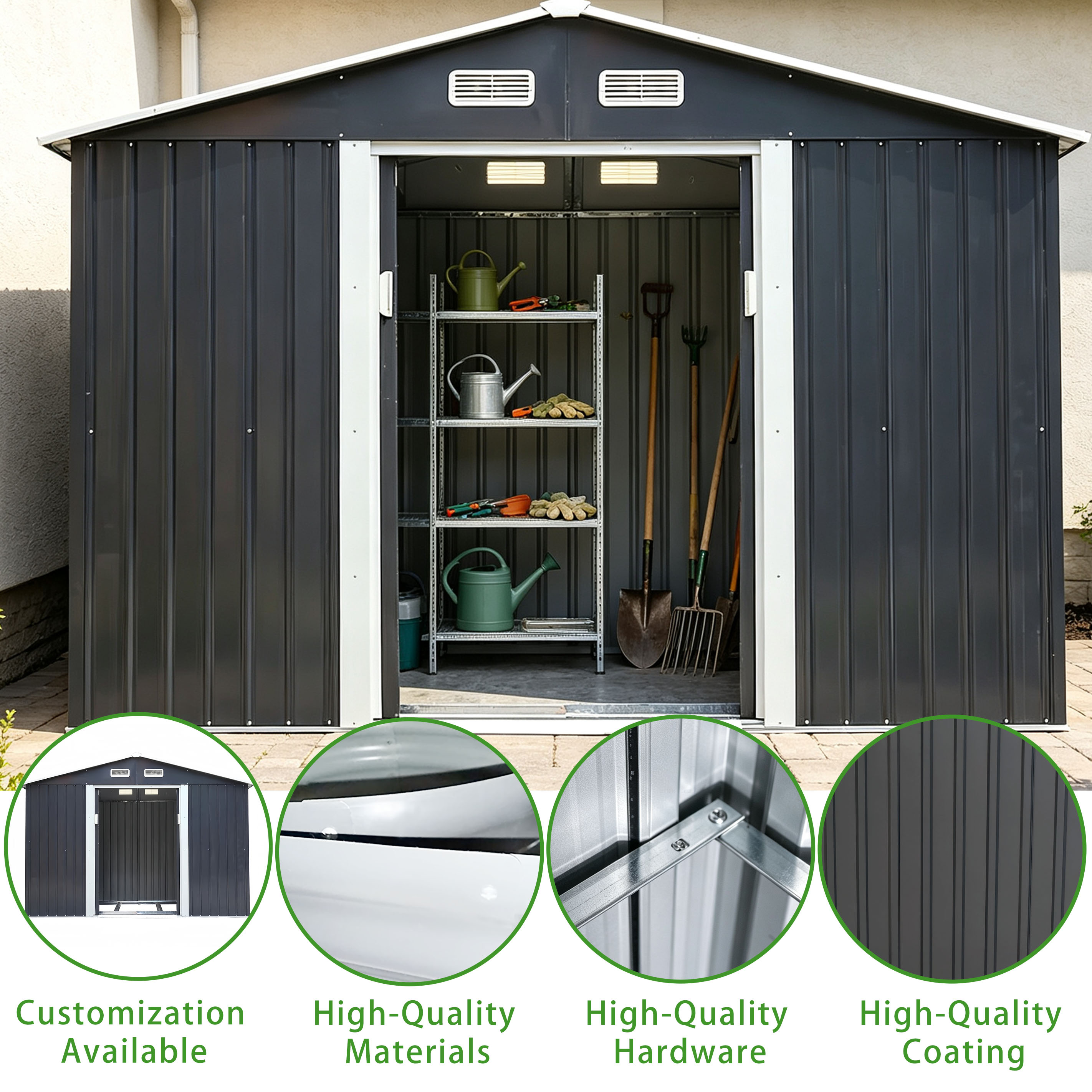 10x10FT Galvanized Metal Garden Storage Shed Gable Roof Outdoor Tool House With Lockable Double Sliding Doors and 4 Vents