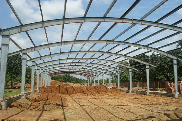 Precision welding and fabrication of heavy steel canopy structures in workshop